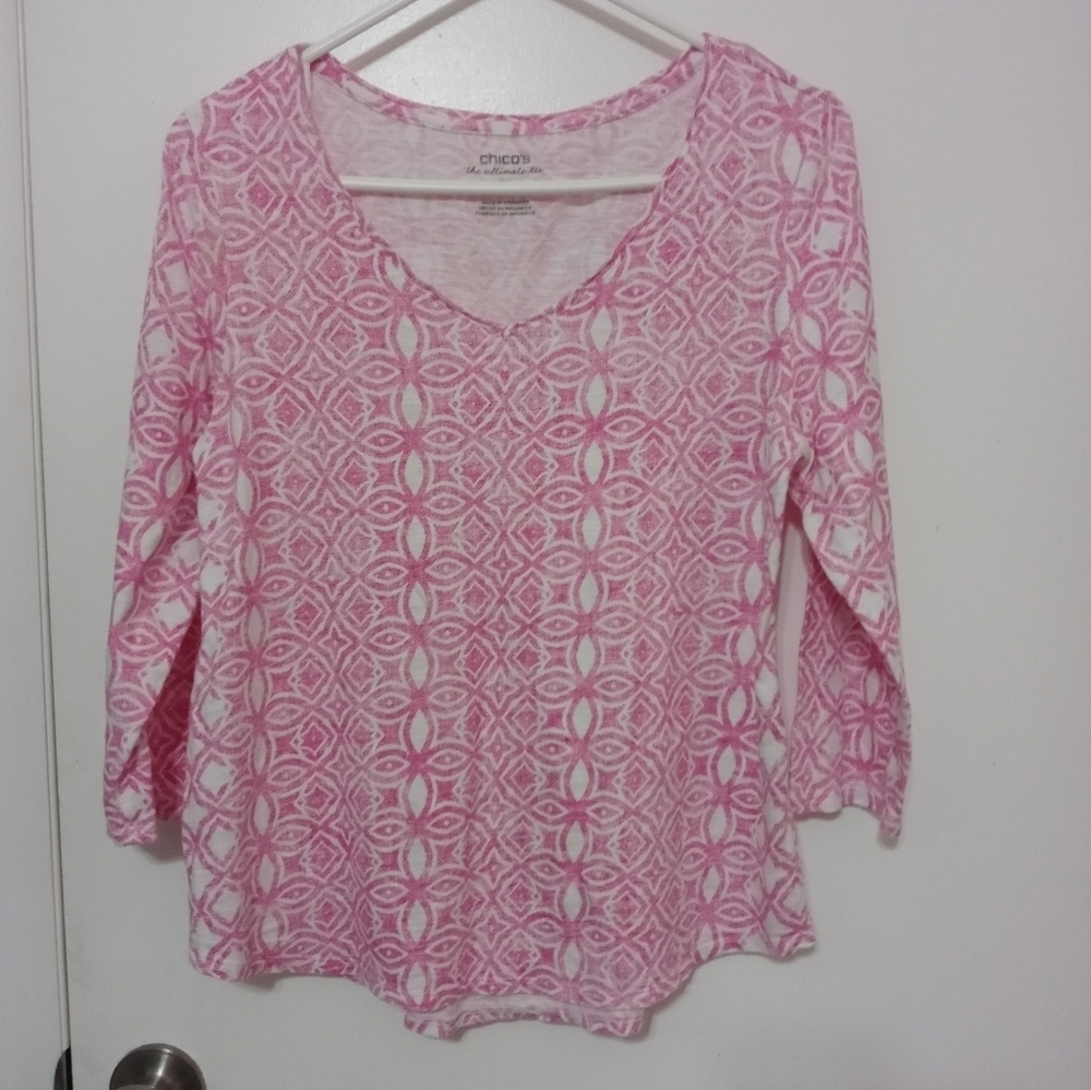 Chicos 1 ultimate tee Long sleeve Barbie Pink White Floral Soft Stretch Blouse